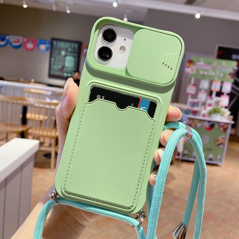 Slide Camera Lens Protection Phone Case for iPhone 13 12 11 Pro XS Max XR X 8 Plus Lanyard Necklace Cord Rope Card Pocket Cover iphone 13 pro max wallet case