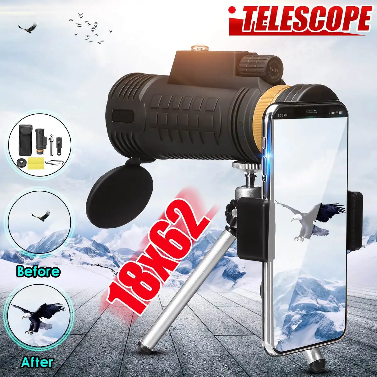 

SGODDE Monocular Telescope 18X62 Binoculars Ultra HD BAK4 Optic Day Night Vision Portable Zoom Field Glass W/ Tripod Phone Clip