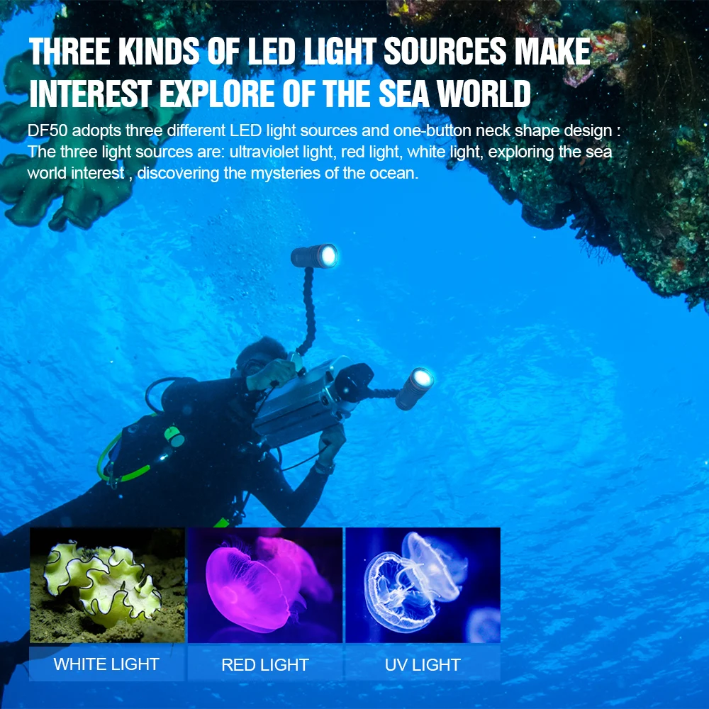 Trustfire DF50 potápěčská LED baterka 6500 lumen video photoraphy lehký scuba podvodní 100m potápět se osvětlení vysoký zářící LED pochodeň