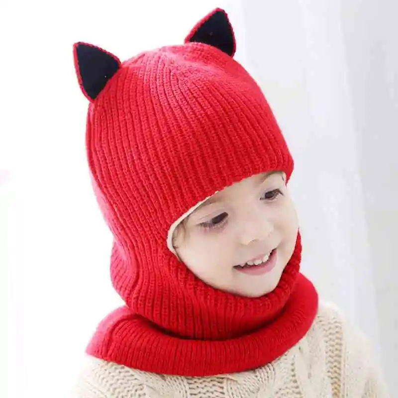 Детские зимние теплые вязанные шапки-бобы шарф-капюшон для девочек Флисовая Балаклава шапка уши CWW9129 - Цвет: Red