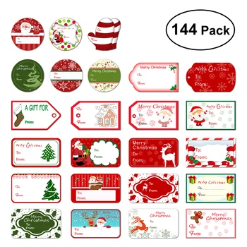 

144 Christmas Self Adhesive Gift Tag Stickers 24 Assorted Designs Santa Snowmen Xmas Tree Deer Festival Birthday Wedding Holiday