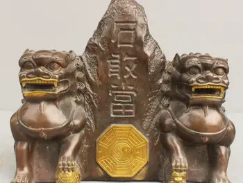 

zm 12'' Chinese Feng Shui mountain two lions Bronze statue
