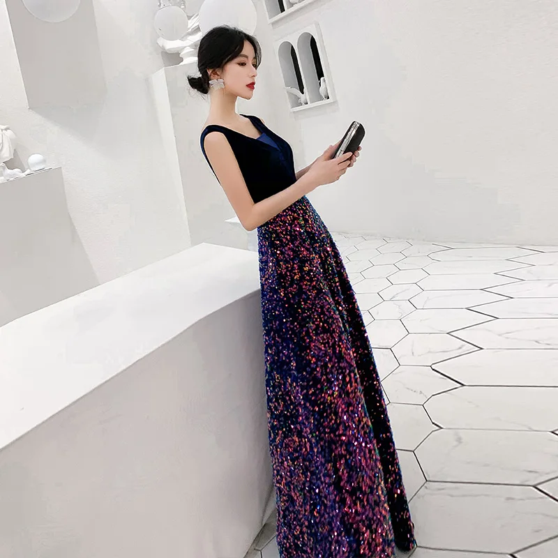 AE0115 wei yin Robe De Soiree новые сексуальные v-образным вырезом без рукавов трапециевидной формы с блестками Длинные элегантные вечерние платья Abendkleider
