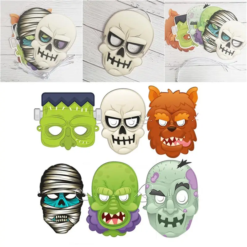 

6pcs Halloween Party Mask Monster Scared Ghost Skull Paper Party Mask Cosplay Props Ornament Photo Props For Halloween A2