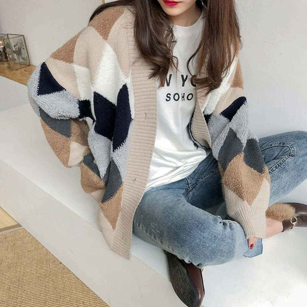 Loose Cardigan Sweater Coat Jacket Colorful Diamond Lattice Knit Korean Style Knitted Cardigan Single Breast Sweaters Women Tops