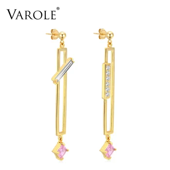 

VAROLE Big Shinny Crystal Dangle Earrings Gold Color Geometry Drop Earrings For Women Long Earring Jewelry brincos