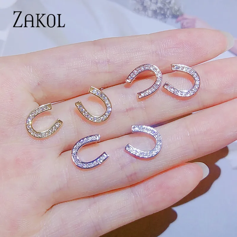 Женские серьги пусеты ZAKOL маленькие в форме u образной формы с микро фианитом