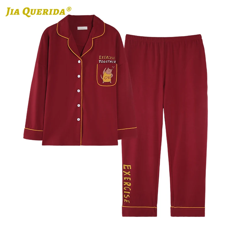 New Pajamas Couple Cartoon Printing Homesuit Homeclothes Long Sleeve Long Pants Sleepwear Front Pocket Pajamas Set Loungewear