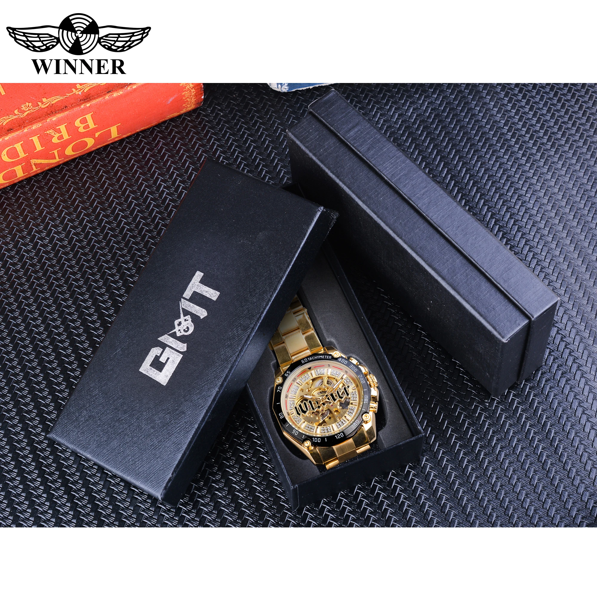 Winner золотые мужские часы из нержавеющей стали с бриллиантовым дисплеем люксовый