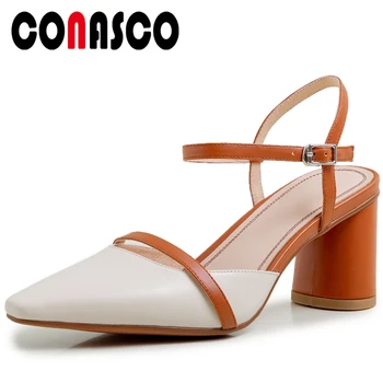 

CONASCO Fashion Elegant Women Sandals Genuine Leather Pumps Thick Heels Narrow Band Summer 2020 New Arrival Casual Shoes Woman