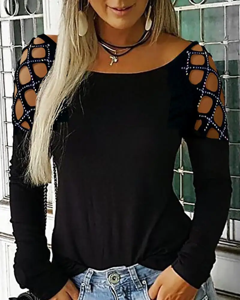 Shiny Rhinestones Glitter Women Hollow Out O Neck Long Sleeves Bottoming Shirt Female Solid Casual Tops | Женская одежда