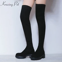 Krazing pot/ г. Сапоги из телячьей кожи на толстой подошве, на среднем каблуке, с круглым носком, сохраняющие тепло растягивающиеся Сапоги выше колена l06