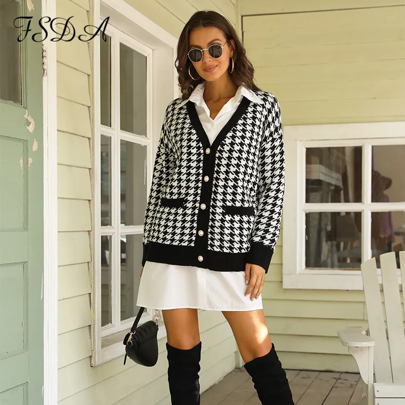 FSDA V Neck Women Button Black Houndstooth Cardigan 2020 Long Sleeve Sweater Autumn Winter Knitted Loose Oversized Jumper Casual