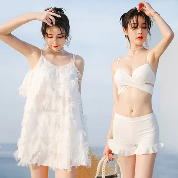 

Swimwear Bathing Suit Women's INS Wind New Style Hot Springs Split Type Bikini Belly Small Bust Gathering Three-piece Set