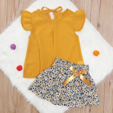 Милый шифоновый топ без рукавов для девочки преддошкольного возраста, желтые юбки-пачки с цветочным принтом комплект одежды из 2 предметов, комплект одежды, летняя одежда для младенцев - Цвет: Gold