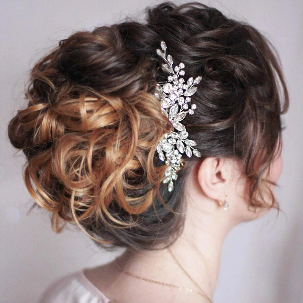 Silver Rhinestone Hair Comb Luxury Women Headpieces Tiara Wedding Hair Ornaments Flower Jewelry Bridal Headwear Clip