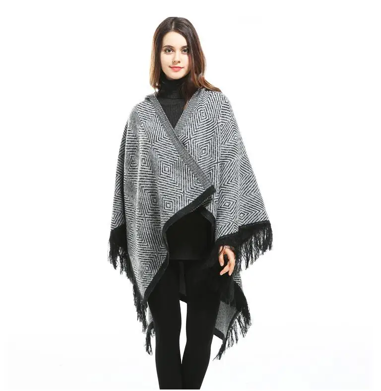 

All-Match Winter Women Oversize Knitted Caps Poncho Tassel Thick Sweaters Casual Scarf Batwing Sleeve Jumper Plaid Sleeveless