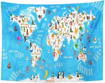 

Cartoon Animal World Map from All Over The Oceans and Continents Great Educational Game Magnet Tapestry Home Decor Wall Hanging