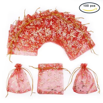 

100 Pcs Golden Snowflake Printed Organza Packing Bags for Christmas Day 12x10cm