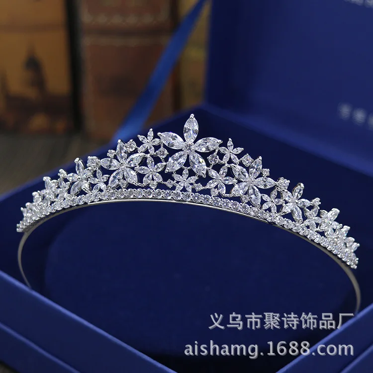 

Poly Poem New Style Flower Simple New Style Micro Pave Fully Zircon Crown Bride Marriage Headdress Wedding Dress Accessories