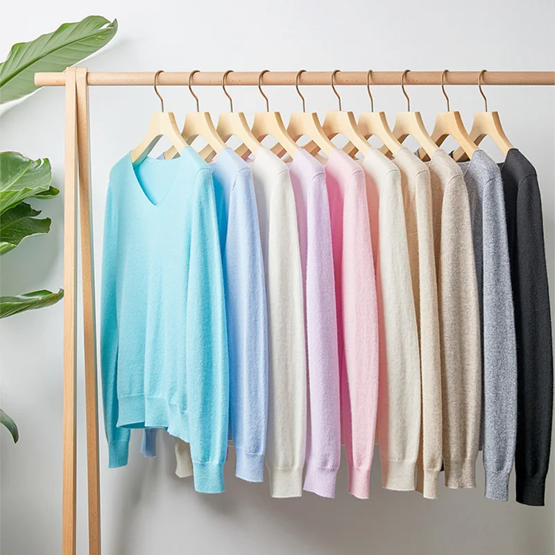 SuyaDream Women Sweaters High Quality 100%Cashmere Basic V neck Pullovers 2021 Fall Winter Simple Chic Knit Wear