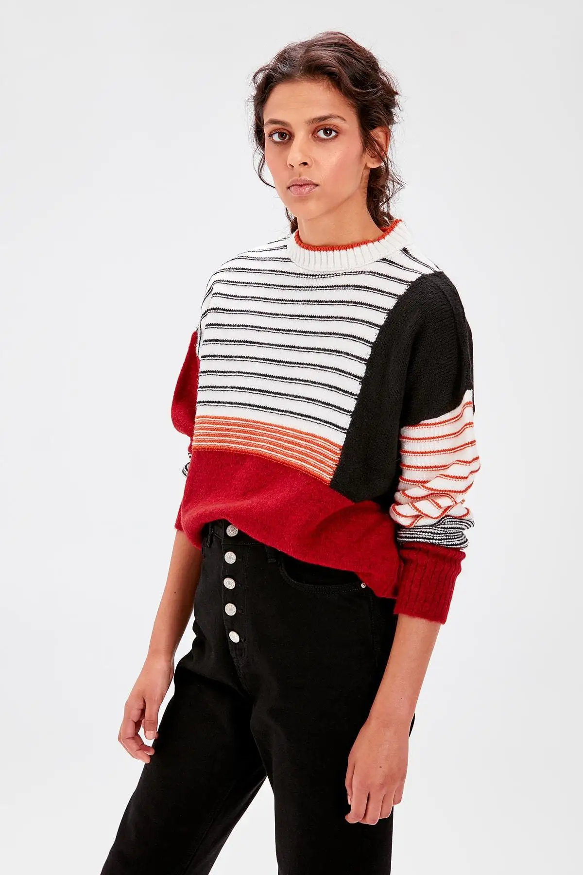 

Trendyol Red Stripe Color Block Sweater Pullover TWOAW20KZ0043