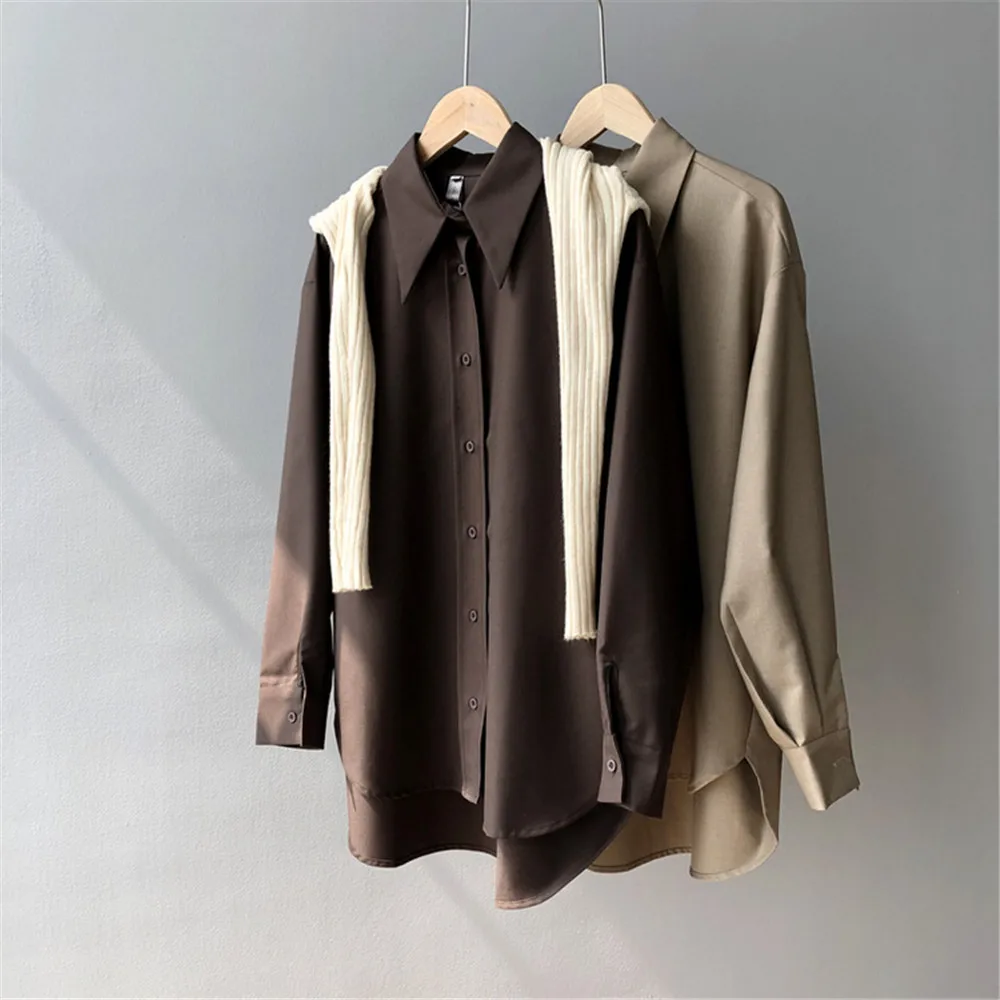 2020 Spring Women Brown Shirt Female Blouse Tops Long Sleeve Casual Turn-down Collar Style Women Loose Office Blouses Z1695 (1)