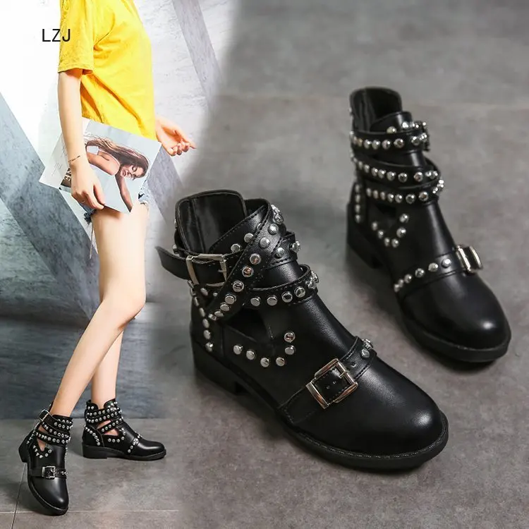 LZJ 2019 Buckle Ankle Boots For Women PU Leather Fashion Rivet Low Heel Shoes Women Motorcycle Boots Autumn Women Martin Boots