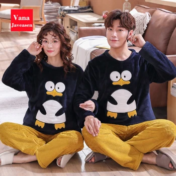 

Vana Javeasen Autumn Winter Flannel Couple Pajamas Set Warm Plus Size Family Pajamas Casual Women Men Sleepwear Nightwear
