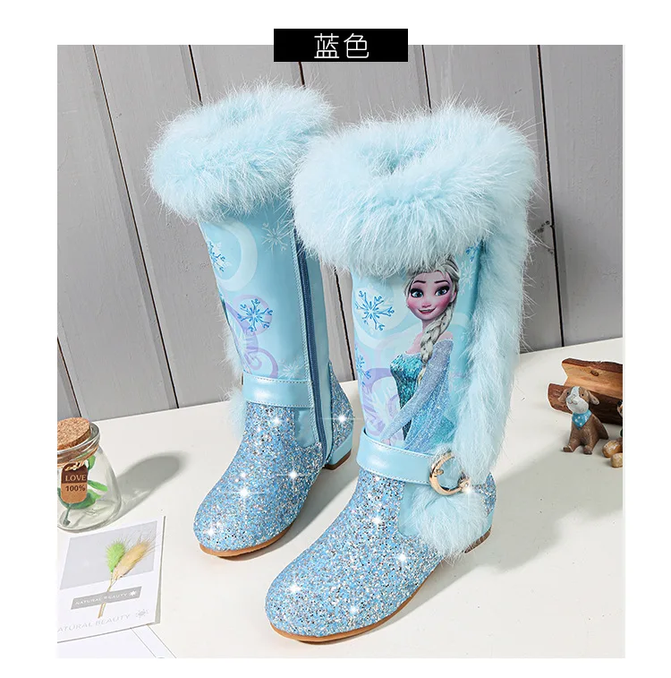 JUSTSL/детская обувь; модные ботинки принцессы с героями мультфильмов; качественные кожаные сапоги до колена с блестками; теплые сапоги из натуральной шерсти для девочек