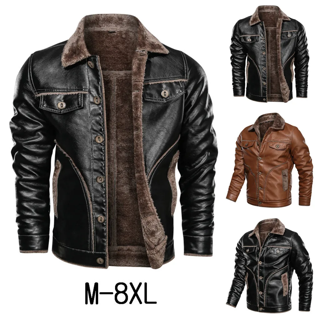 Winter Fur Leather Jacket Mens Plus Size M-8XL Suede Leather Jackets Men Faux Fur Thick Warm Long Suede Jacket