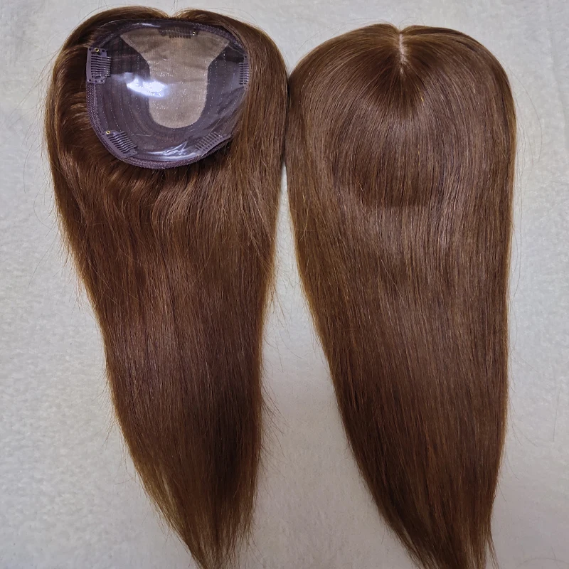 Base de seda marrón oscuro para mujer, pelo Remy indio, Top de seda tupé de mujer + peluca hecha a máquina, pieza central