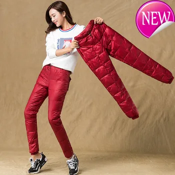 

Women Double Winter Face Down Padded Pencil Pants Woman Slim Elastic Waist Thick Winter Pants Lady 80% Duck Down Trousers Pt-150