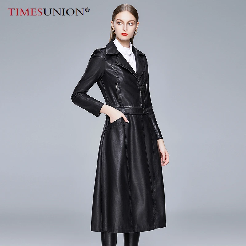 Autumn long leather trench coat for women long sleeve belt button faux leather raincoat women plus size fashion 2020
