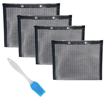 

Bbq Grill Mesh Bag, Non-Stick Bbq Grill Bag Grill Reusable And Easy To Clean Non-Stick Grid Grill Bag With Brush (4 Pack)