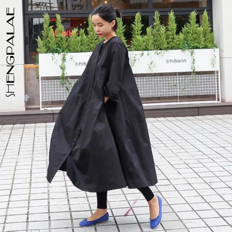SHENGPALAE 2021 New Spring Fashion Loose Long Dress Persional Round Collar Korean Version Casual Vintage Vestidos FT919 |