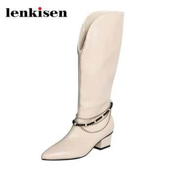 

Lenkisen western boots pointed toe med heel European style high street fashion mature elegant gentlewomen knee-high boots L59