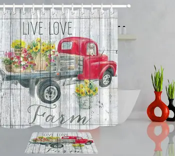 

Red Car Truck with Flowers Hand Painted Watercolor Shower Curtain Bathroom Bathtub Decor Waterproof Fabric Curtain Home Decor