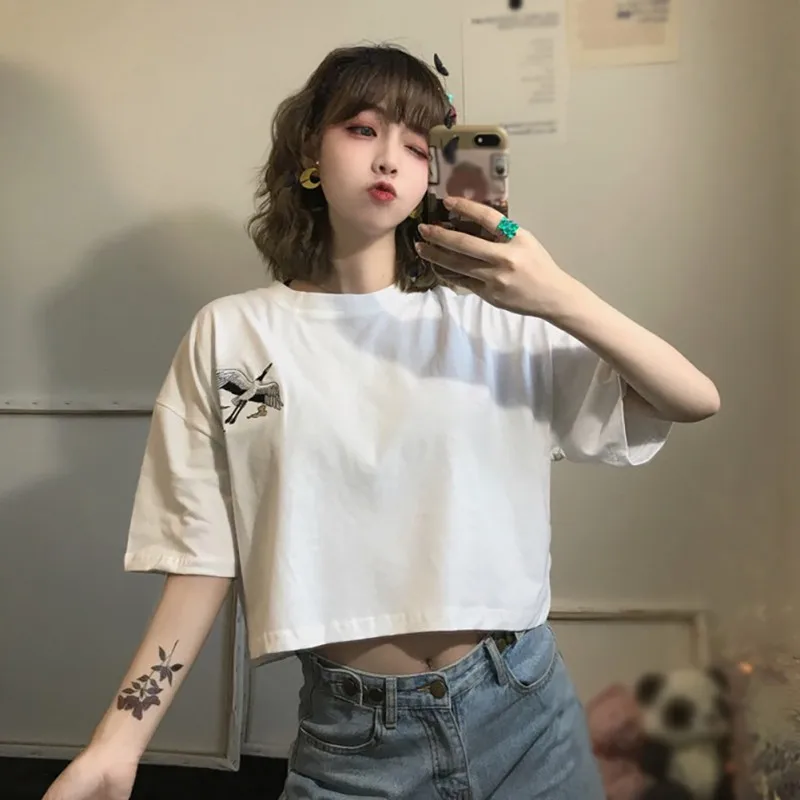 

Women Short Sleeved T-Shirt Harajuku Grunge Tee Round Neck Soild Color Loose Basic Trendy Clothes