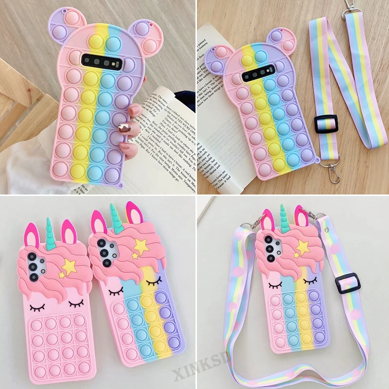Relive Stress Fidget Toys Push Bubble Case Per Samsung S10 S20 S21 Plus Nota 20 A51 A12 A71 A32 A01 A21 Cartoon Unicorn Cover