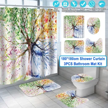 

Trees Printed Bath Curtains Waterproof Polyester Fabric Washable Bathroom Shower Curtain with Hooks Toilet Cover Bath Mat Set