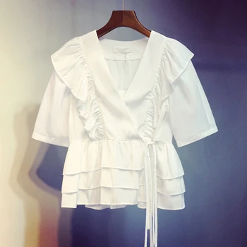 

2020 New Korean Style Shirts Women Wild Solid Color Cotton Ladies Blouses and Tops V-neck Summer Short-Sleeve Women Clothing