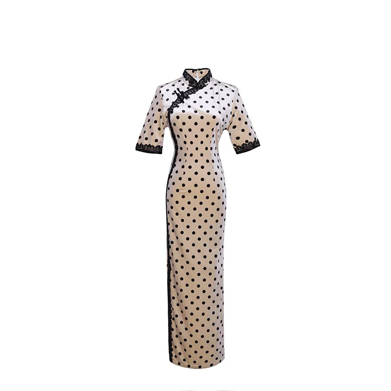 LZJN 2019 New Women Chinese Traditional Cheongsam Elegant Slim Oriental Style Lace Dresses Long Qipao Dot Print Half Sleeve (12)