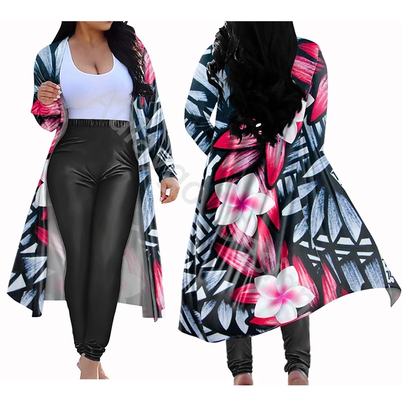 

Tribalmaori Plumeria Print Sexy Two Piece Outfits For Women Long Coat And Black Leggings Plus Size Club Outfits Ensemble Femme