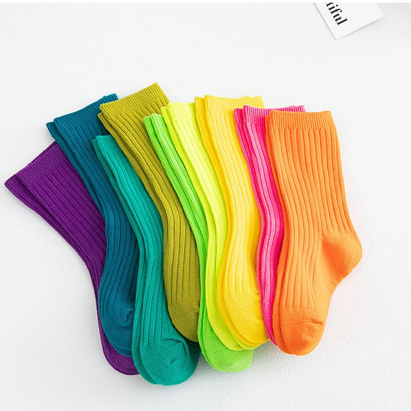 3 Pairs Autumn Winter Children Socks Boys Girls Soft Double Needle Cotton Tube Socks Solid Candy Color Sport