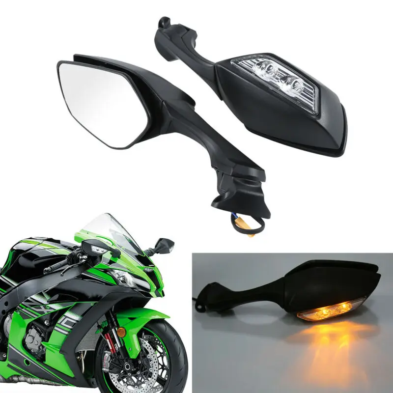 

Motorcycle Black Rear View Mirrors LED Turn Signals For Kawasaki Ninja ZX10R 2019 2018 2017 2016-2023 2014 2011-2015 2004-2011