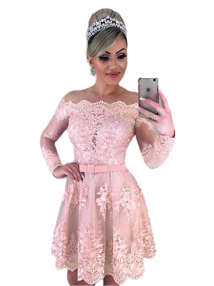 Unique Tulle Off-the-shoulder Neckline 2 In 1 Wedding Dresses Long Sleeves & Bowknot & Detachable Skirt Pink Bridal Dress (3)_conew1