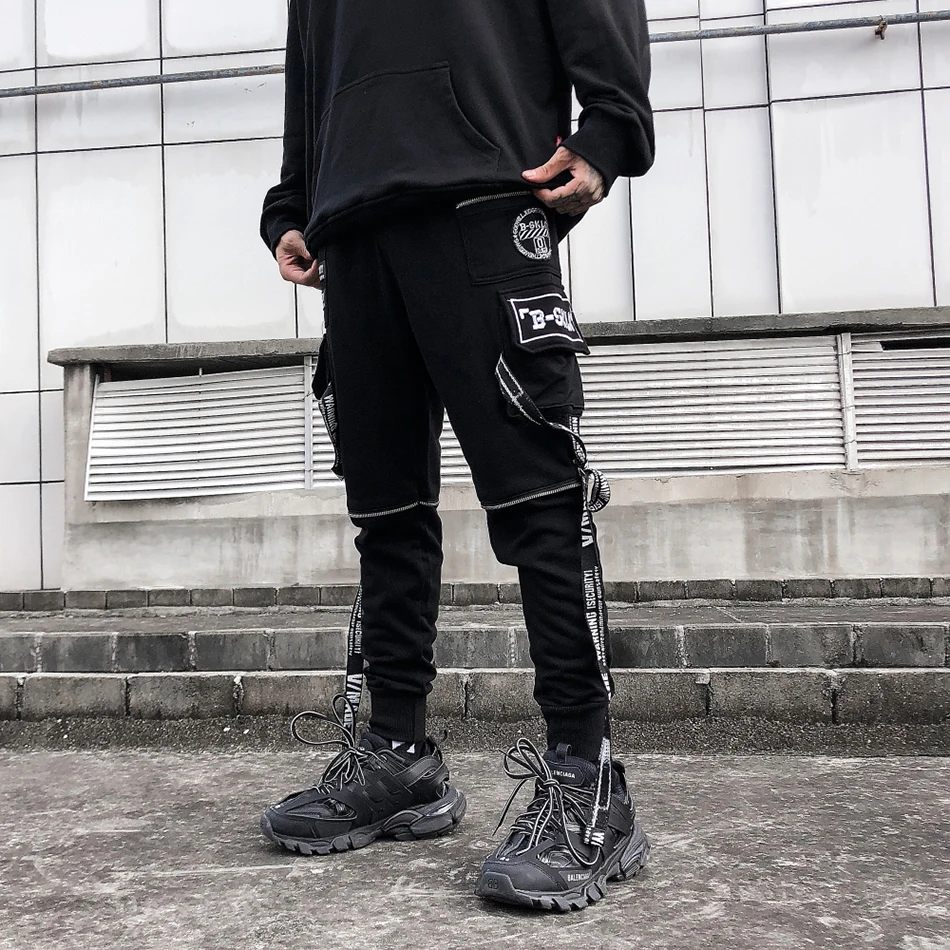 

Ribbons Knee Zipper Joggers Track Pants Men Pantalones Hombre Hip Hop Loose Casual Trousers Streetwear Sweatpants Black Pants