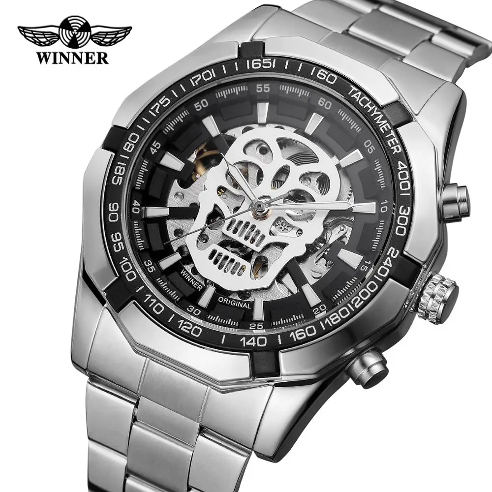 

WINNER 2019 Steampunk Series Stainless Steel Fashion White Luminous Skull Design Men's Automatic Watches Sport Clock Men Watch