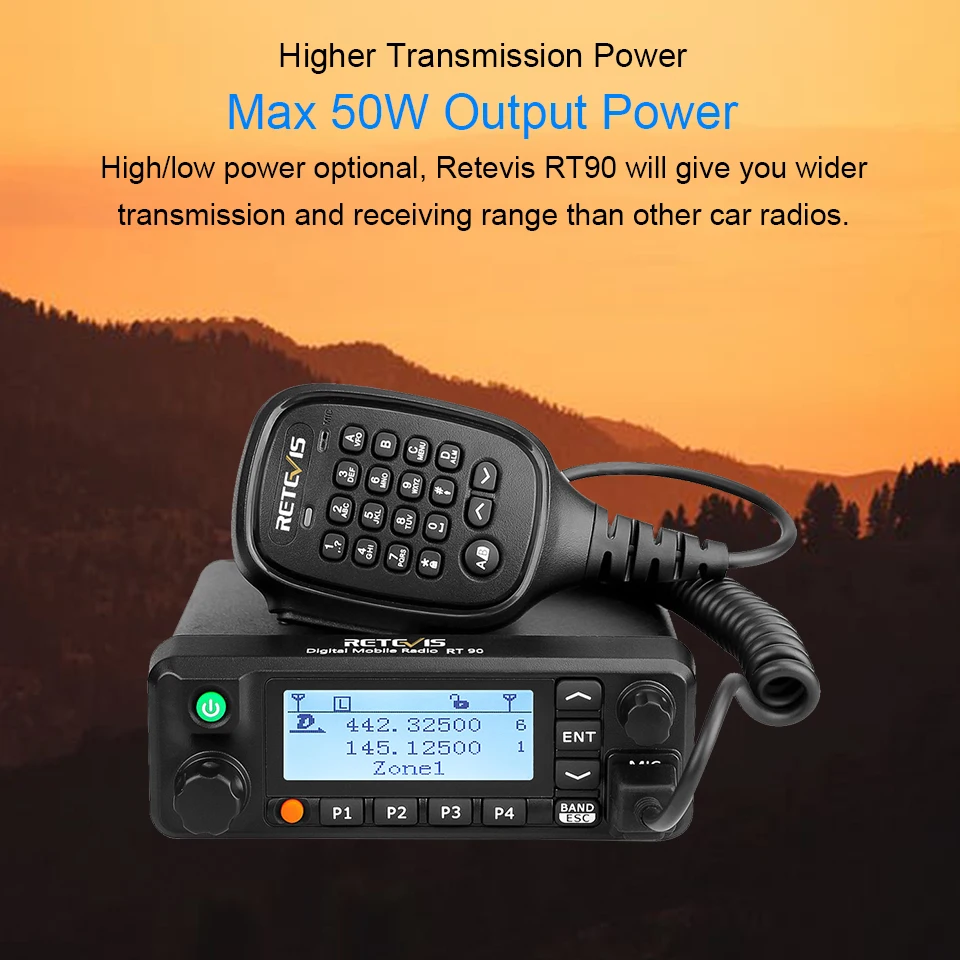 DMR Radio alarma de emergencia Vox UHF + VHF Radio coche móvil Retevis RT90 doble banda